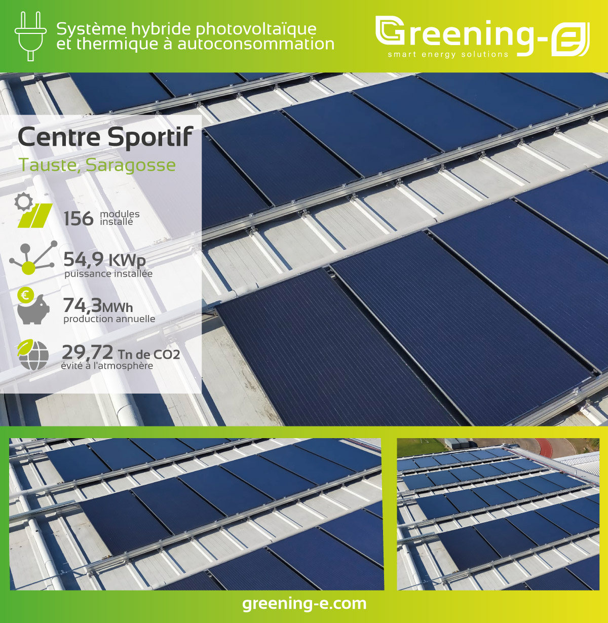 Installations Greening-e : Installation de panneaux hybrides dans le centre sportif de Tauste.