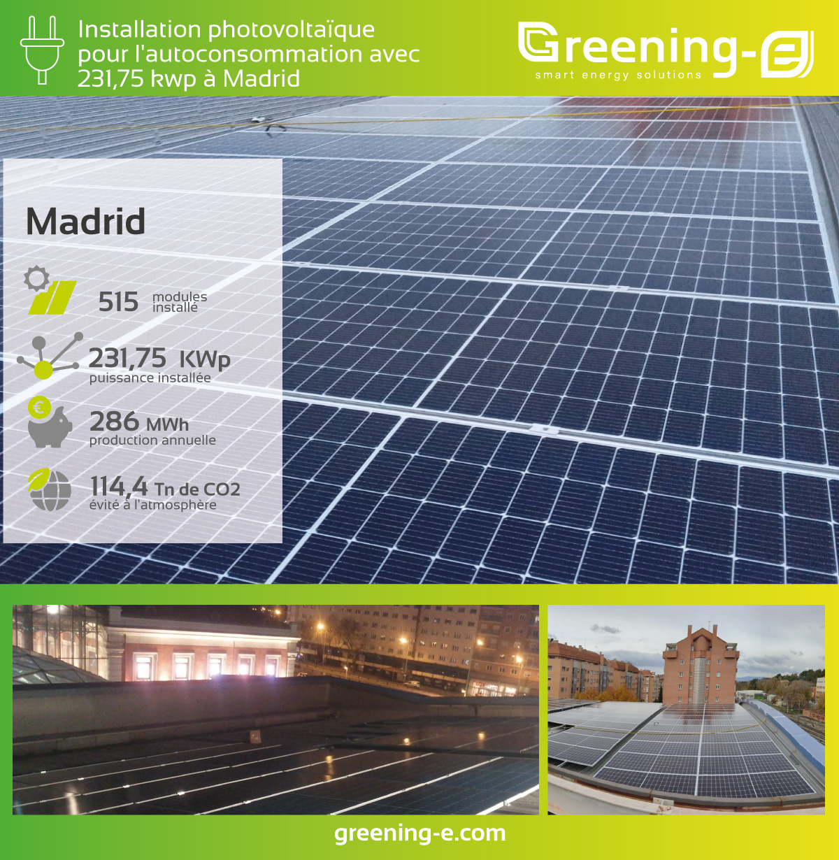 Installations Greening-e : Installation photovoltaïque d'autoconsommation de 231,75 kW à Madrid