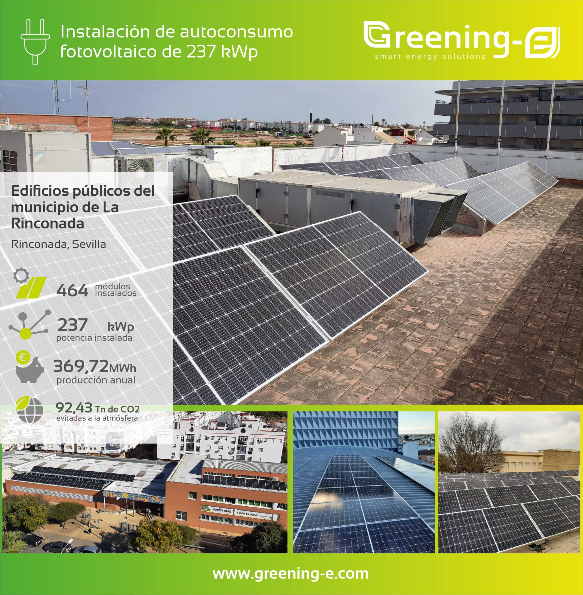 Proyectos Greening-e: Instalaciones fotovoltaicas de autoconsumo en edificios públicos del municipio de La Rinconada